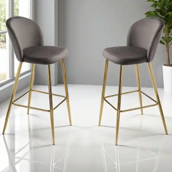 Sgabello in velluto Grigio con struttura in metallo Oro MEGAN 2 pezzi