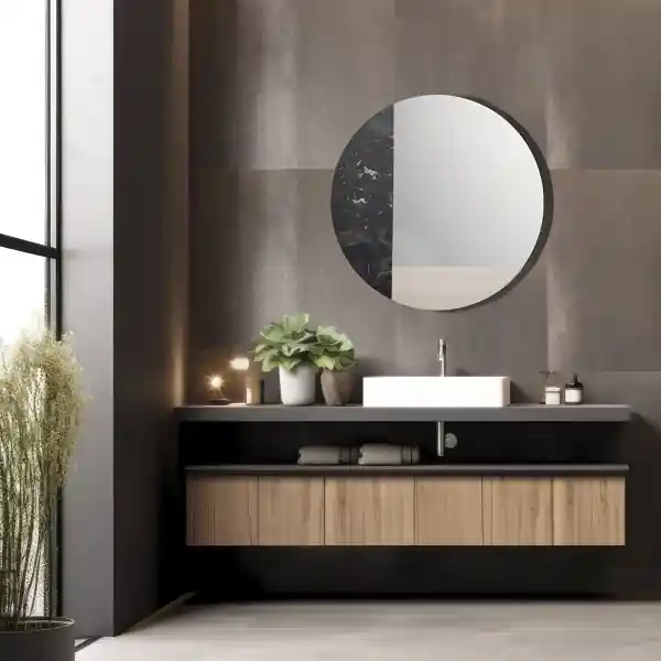 Specchio rotondo 80 cm marmo laminato nero e foglia argento - THOMAS