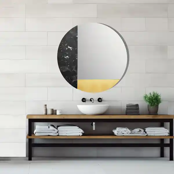 Specchio rotondo 80 cm marmo laminato nero e foglia oro - THOMAS