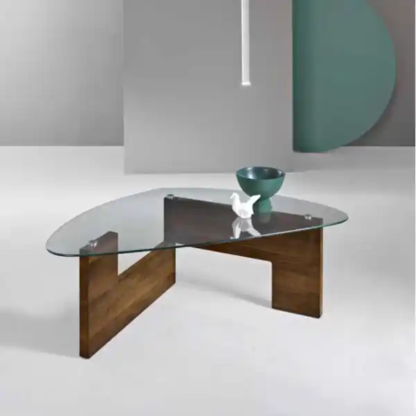 Tavolino da caffè piano in vetro base legno CASTORE teak