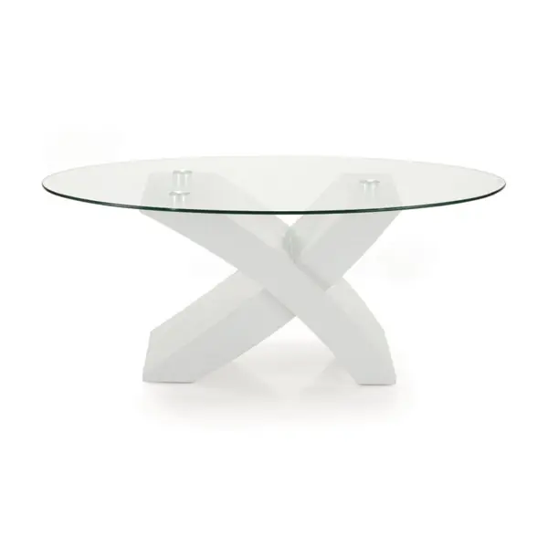 Tavolino piano in vetro ovale TITO con base color BIANCO FRASSINO