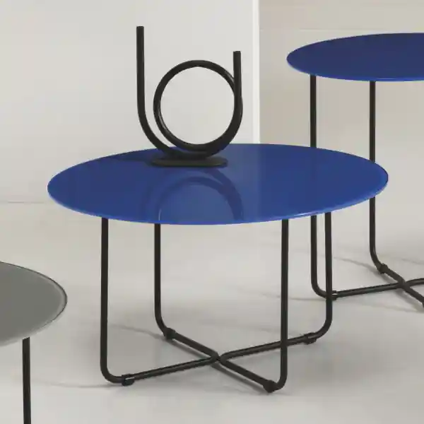 Tavolino tondo con piano vetro temperato verniciato Blu JON 60
