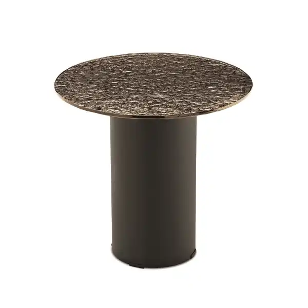Tavolino tondo WAYLON 45 con base in metallo Nero e piano in vetro martellato Bronzo