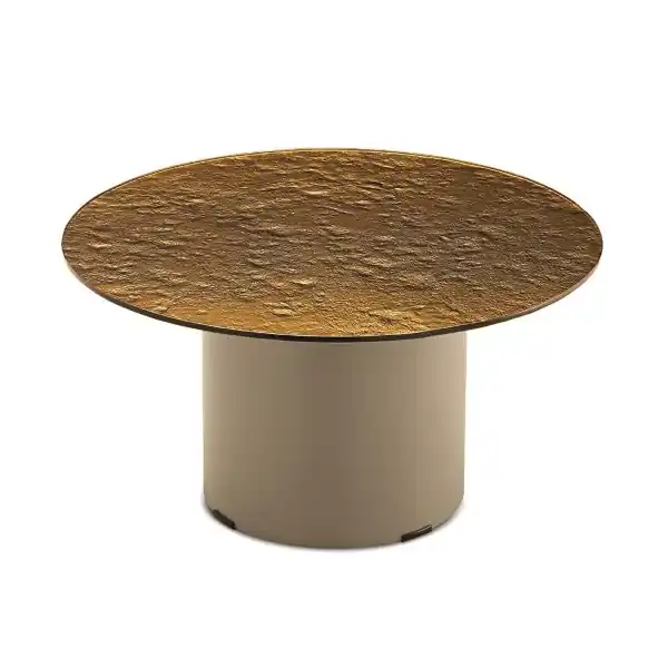 Tavolino tondo WAYLON 60 con base in metallo Beige e piano in vetro martellato Ambra