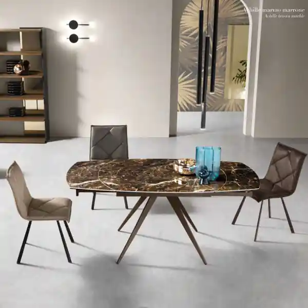 Tavolo allungabile 180 cm piano grès porcellanato effetto marmo Marrone ACHILLE