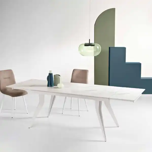 Tavolo allungabile 240 cm THOR con base metallo e piano effetto Marmo Bianco