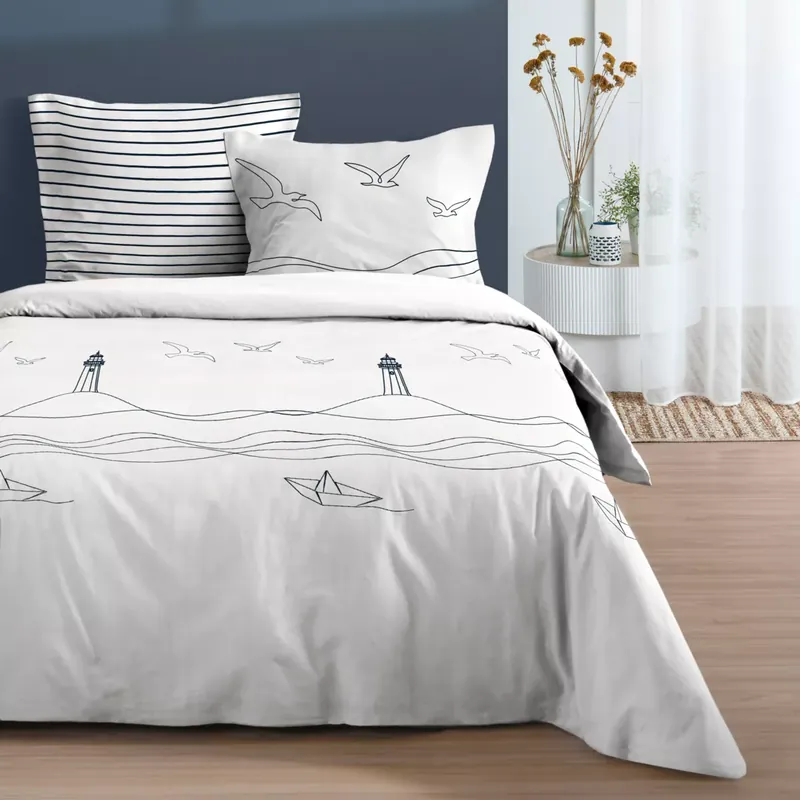 Copripiumino e due federe in cotone (240 x 220 cm) Bordemer Ecru