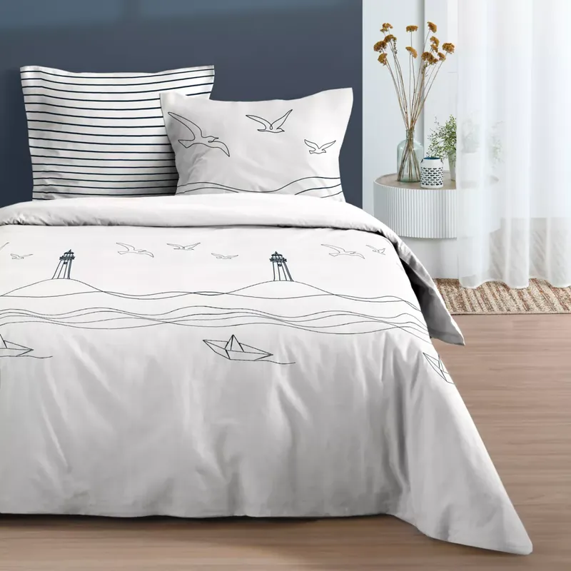 Copripiumino e due federe in cotone (260 x 240 cm) Bordemer Ecru