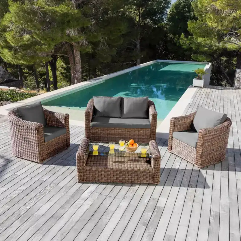 Salotto da giardino in resina intrecciata 4 posti 4 pezzi Calvi Seppia e grigio scuro