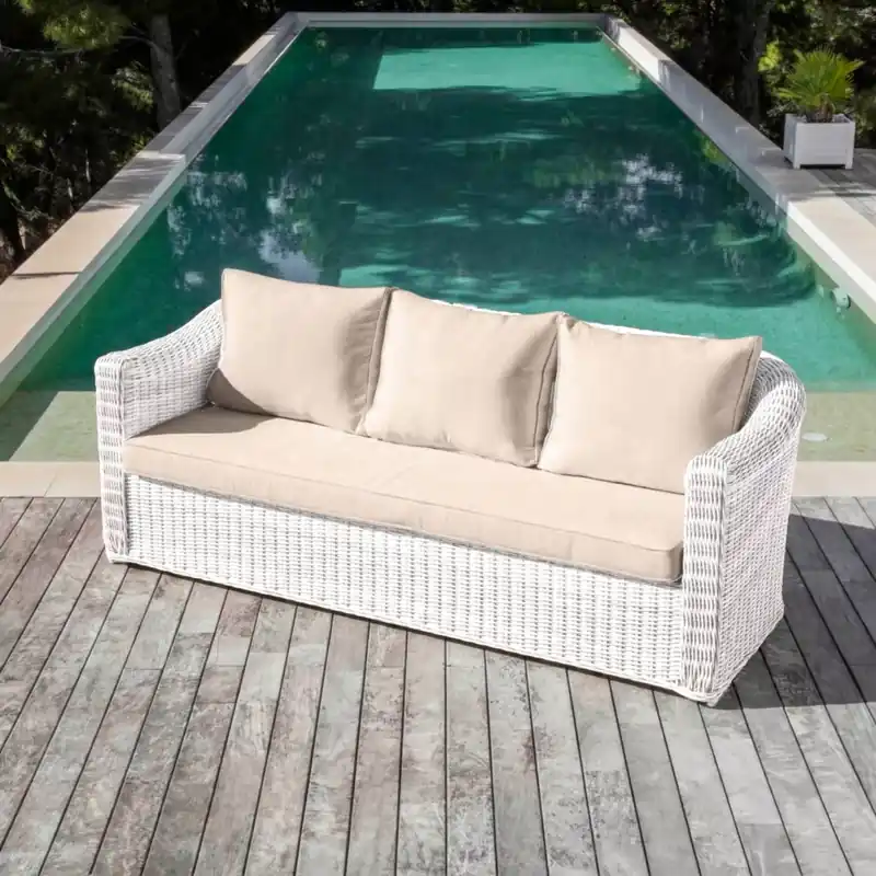 Divano da giardino in resina intrecciata 3 posti Calvi Bianco e tortora