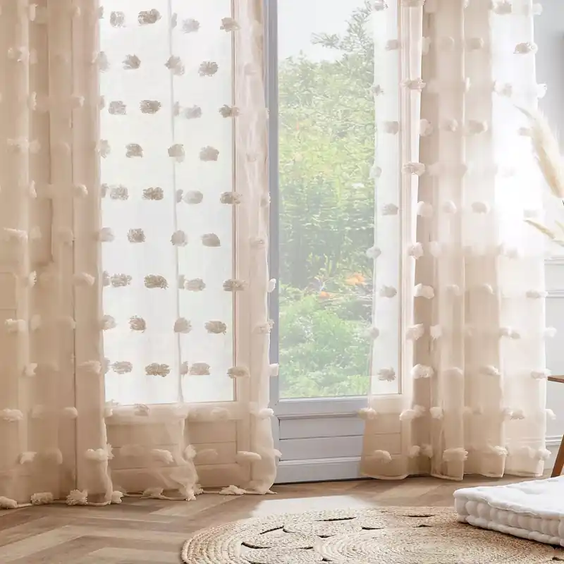 Tenda con occhielli con pon pon (140 x 240 cm) Suzie Beige