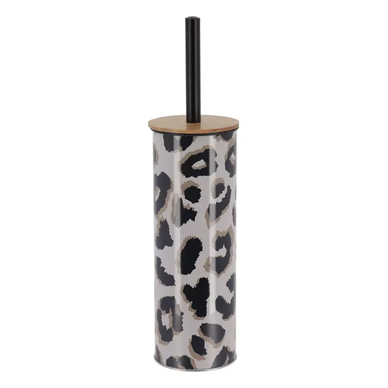 Scopino per WC con coperchio in metallo e acacia leopardata Serengeti Nero