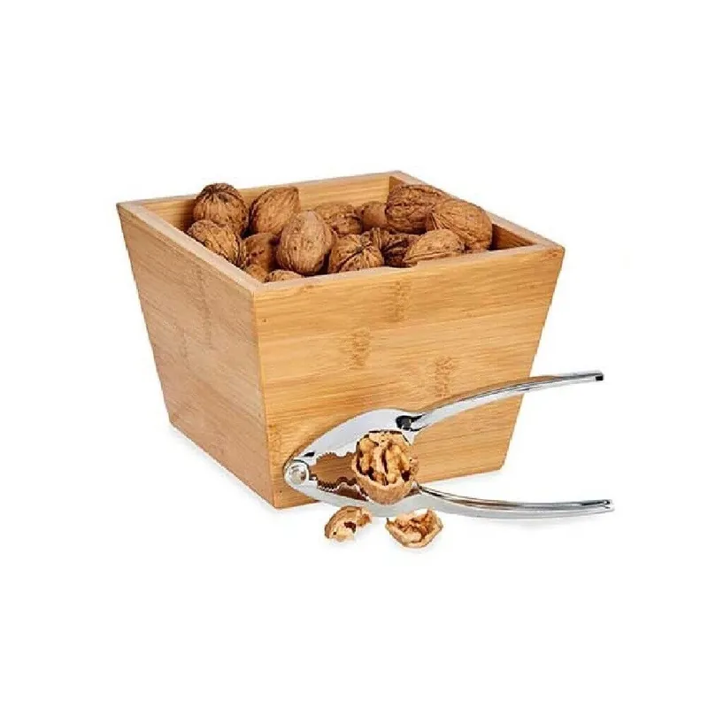 Ciotola con Schiaccianoci in Bambù e Metallo 16x16 cm Contenitore Frutta Secca