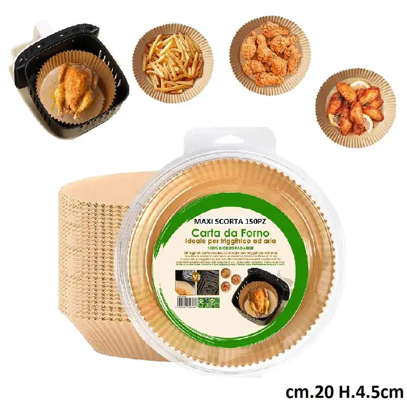 Carta Forno per Friggitrice ad Aria Maxi Scorta 150pz D.20 H4,5cm Biodegradabili