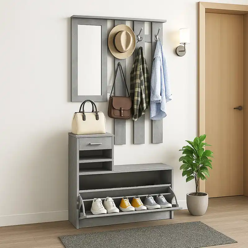 Set Mobili da Ingresso con Appendiabiti a 6 Ganci Scarpiera con Specchio Grigio