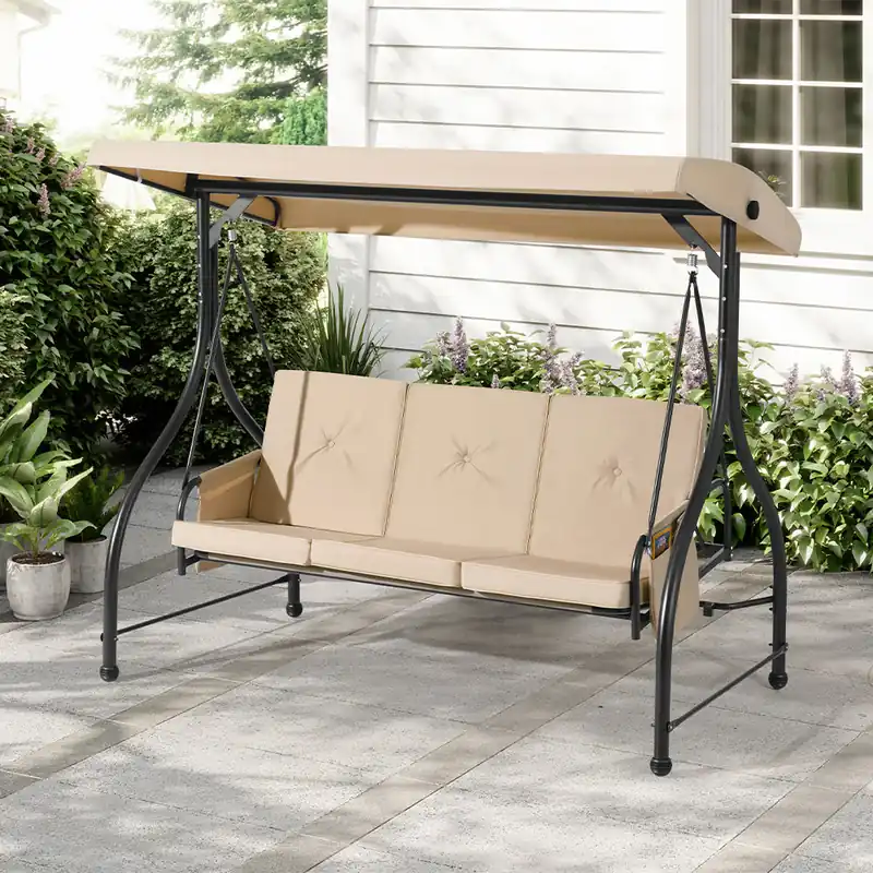 Dondolo Letto Altalena XL a 3 Posti Beige Tetto Parasole Regolabile da Giardino