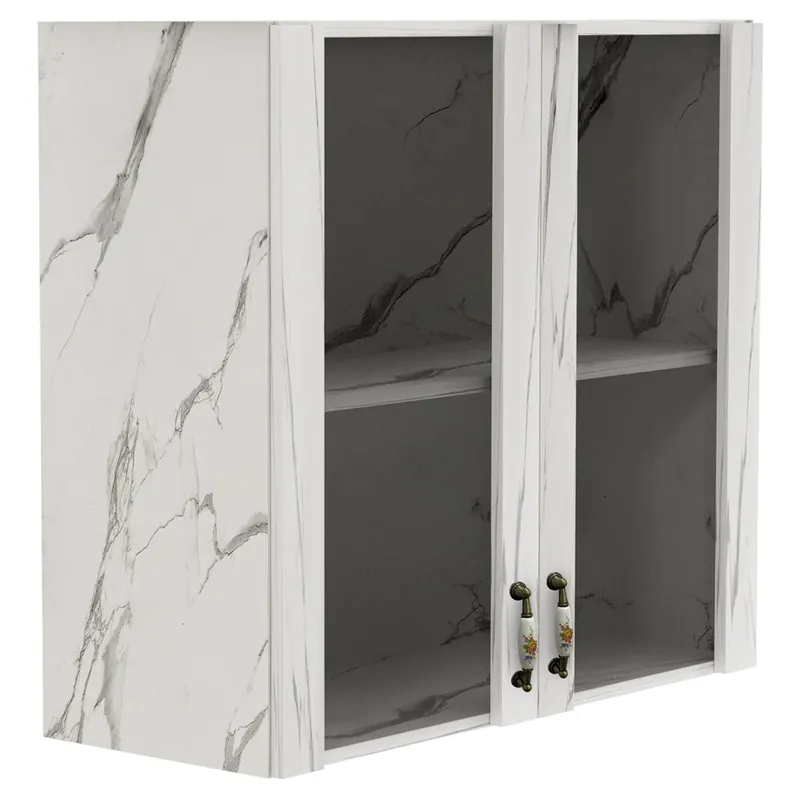 Pensile da Cucina Armadio Sospeso con Vetro da Parete Bianco Effetto Marmo