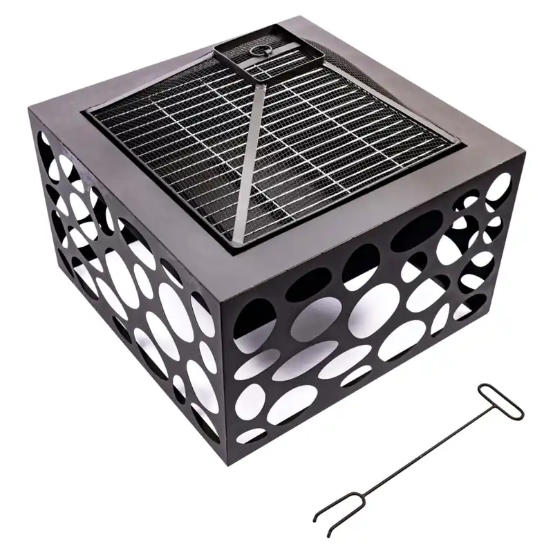 Braciere Barbecue Quadrato con Griglia di Cottura Cromata con Coperchio Nero