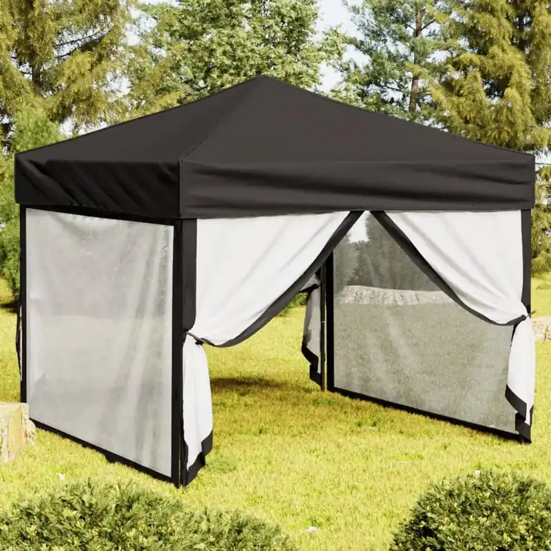 Tenda per Feste Nera Pieghevole con Pareti Laterali Telaio in Acciaio 3x3 m