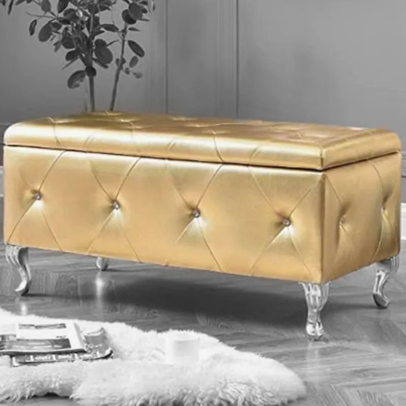 Cassapanca Pouf Contenitore Panca Sgabello Poggiapiedi Legno Ecopelle Colore Oro