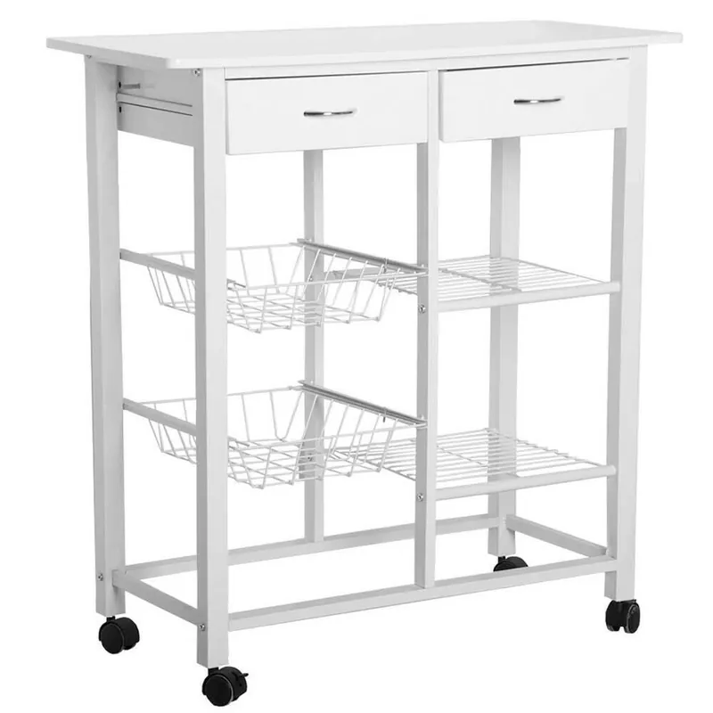 Carrello Cucina Legno con Cassetti Portaposate 4 Ripiani Cesti e Mensole Bianco